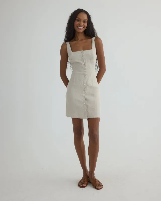 Square Neck Button Front Mini Dress - Linen Sand sold by Bella Dahl