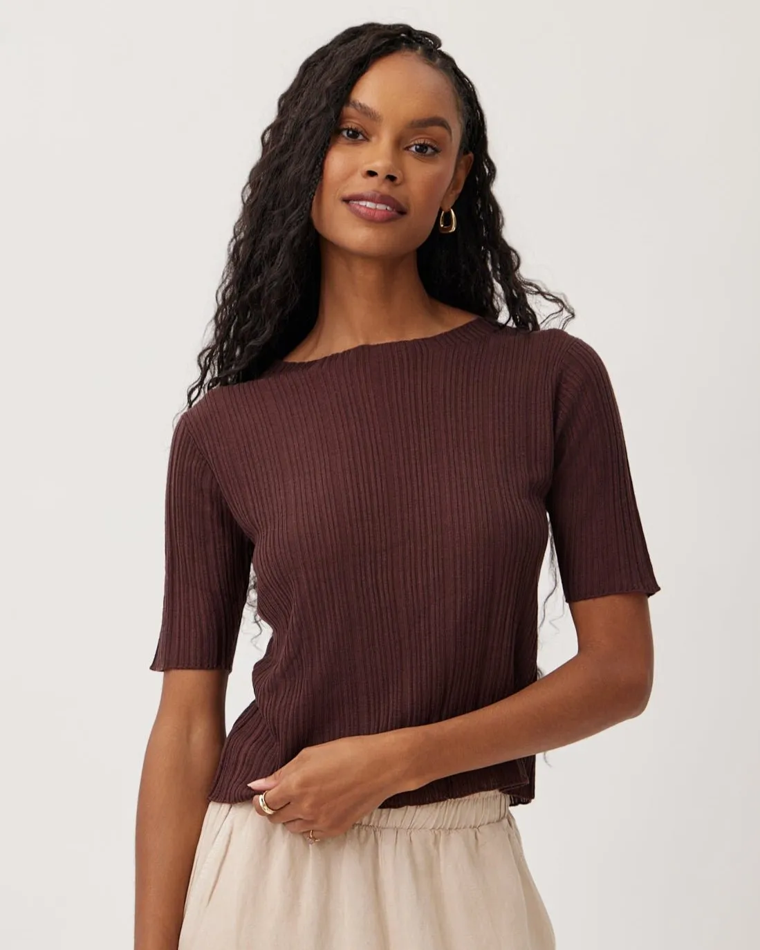 Textured Ribbed Short Sleeve Top - Casablanca Brown sold by Bella Dahl