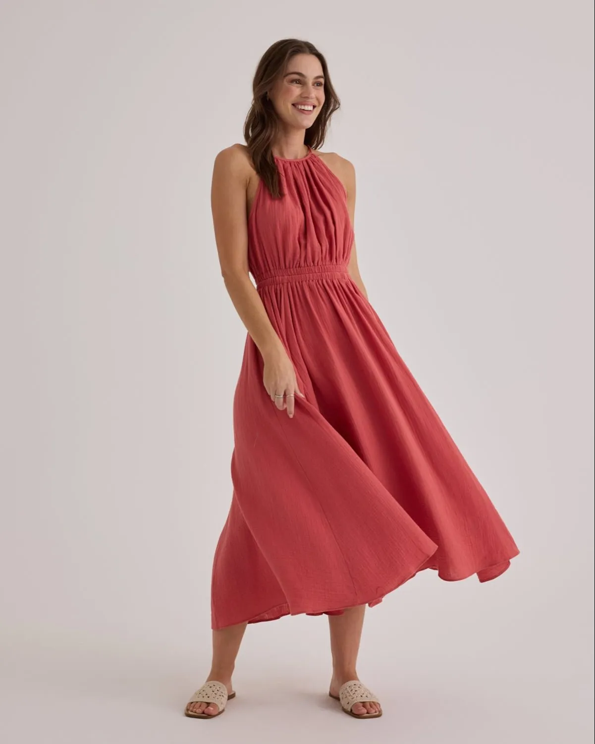 Cut Out Back Midi Halter Dress - Cherry Rose sold by Bella Dahl