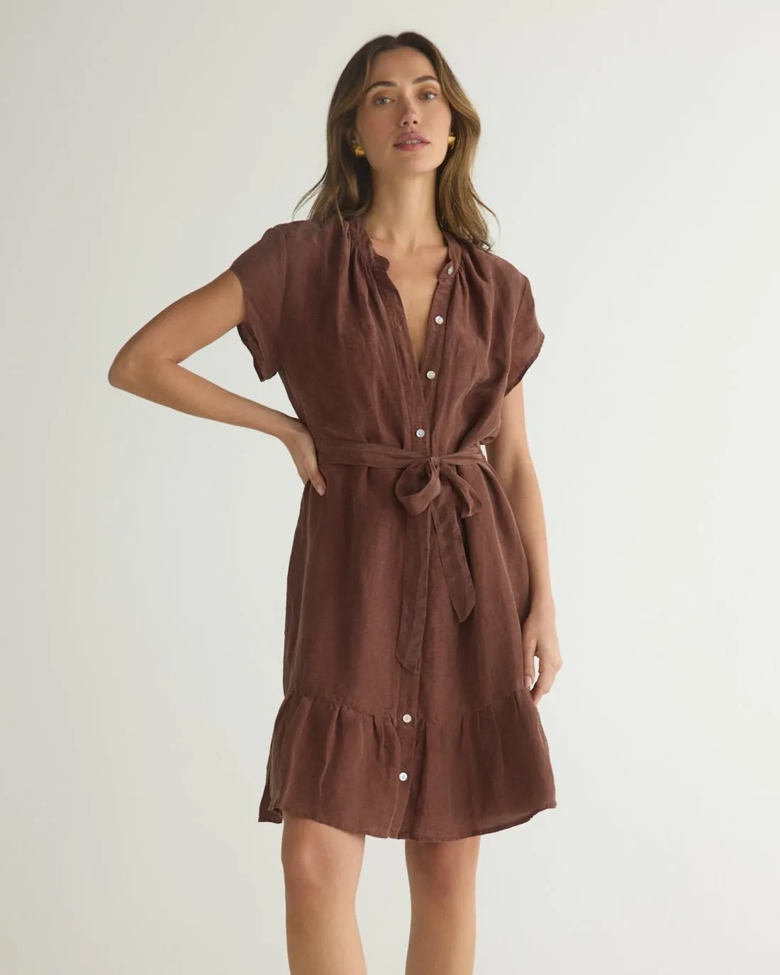 Cap Sleeve Ruffle Hem Shirt Dress - Casablanca Brown sold by Bella Dahl