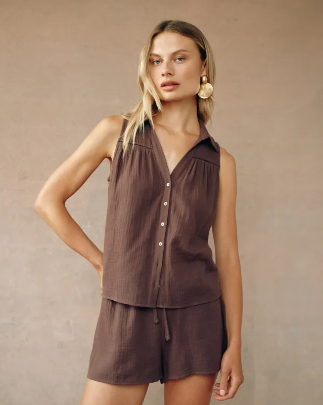 Sleeveless Ladder Trim Shirt - Marrakech Brown sold by Bella Dahl