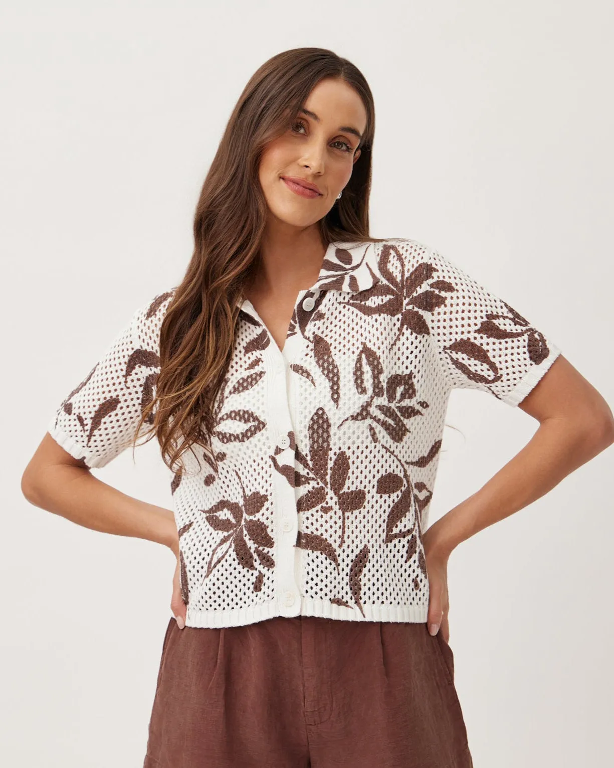 Short Sleeve Button Down Sweater - Brown Palm Print sold by Bella Dahl