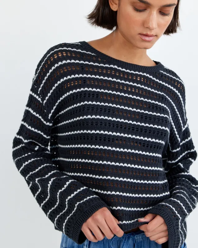 Crew Neck Sweater - Black Ivory Stripe sold by Bella Dahl