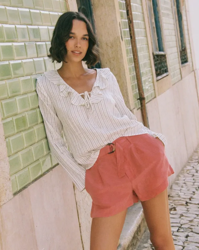 Tie Ruffle Neck Top - Ecru/Black Pinstripe sold by Bella Dahl