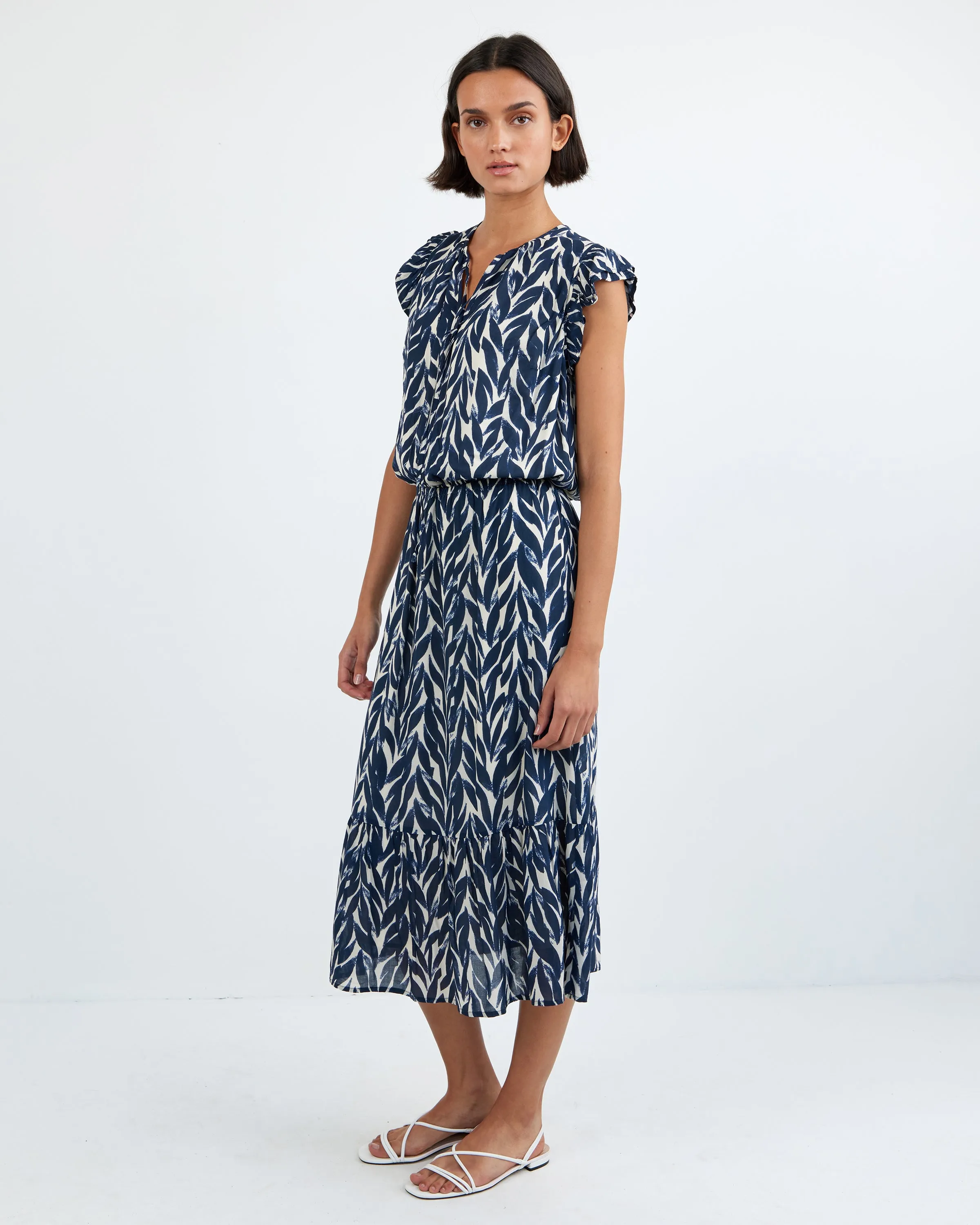 Ruffle Midi Dress - Navy Leaves Print sold by Bella Dahl product image thumbnail 3