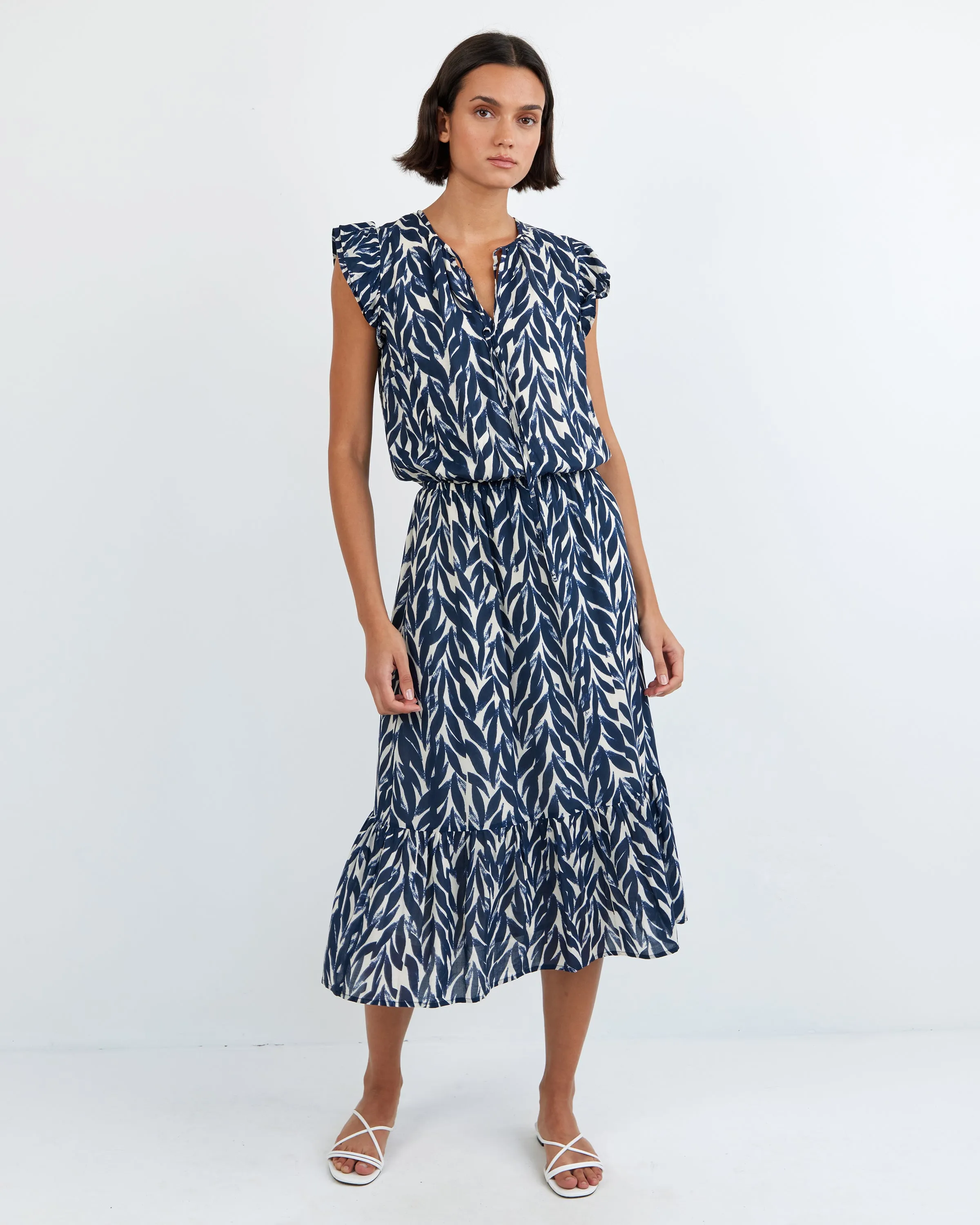 Ruffle Midi Dress - Navy Leaves Print sold by Bella Dahl product image thumbnail 2