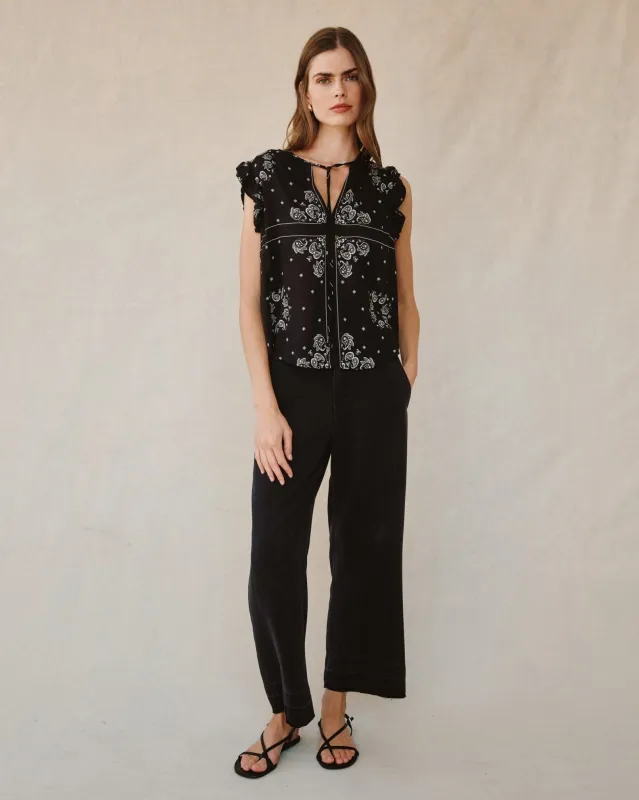 Ruffle Sleeve Tie Neck Top- Bandana Print sold by Bella Dahl