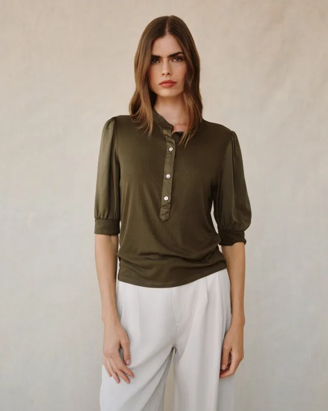 Short Sleeve Placket Mixed Shirt- Ivy Green made by Bella Dahl