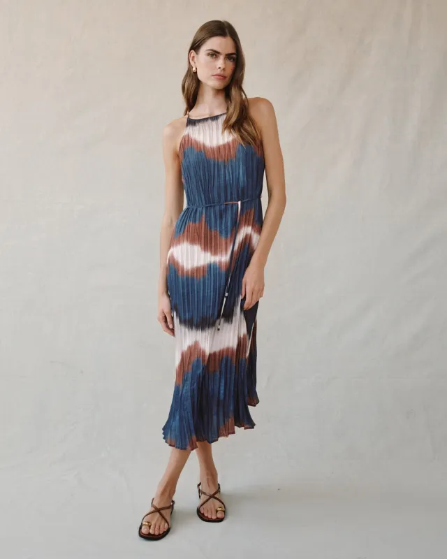 Pleated Midi Dress with Side Slit- Midnight Tides Print sold by Bella Dahl