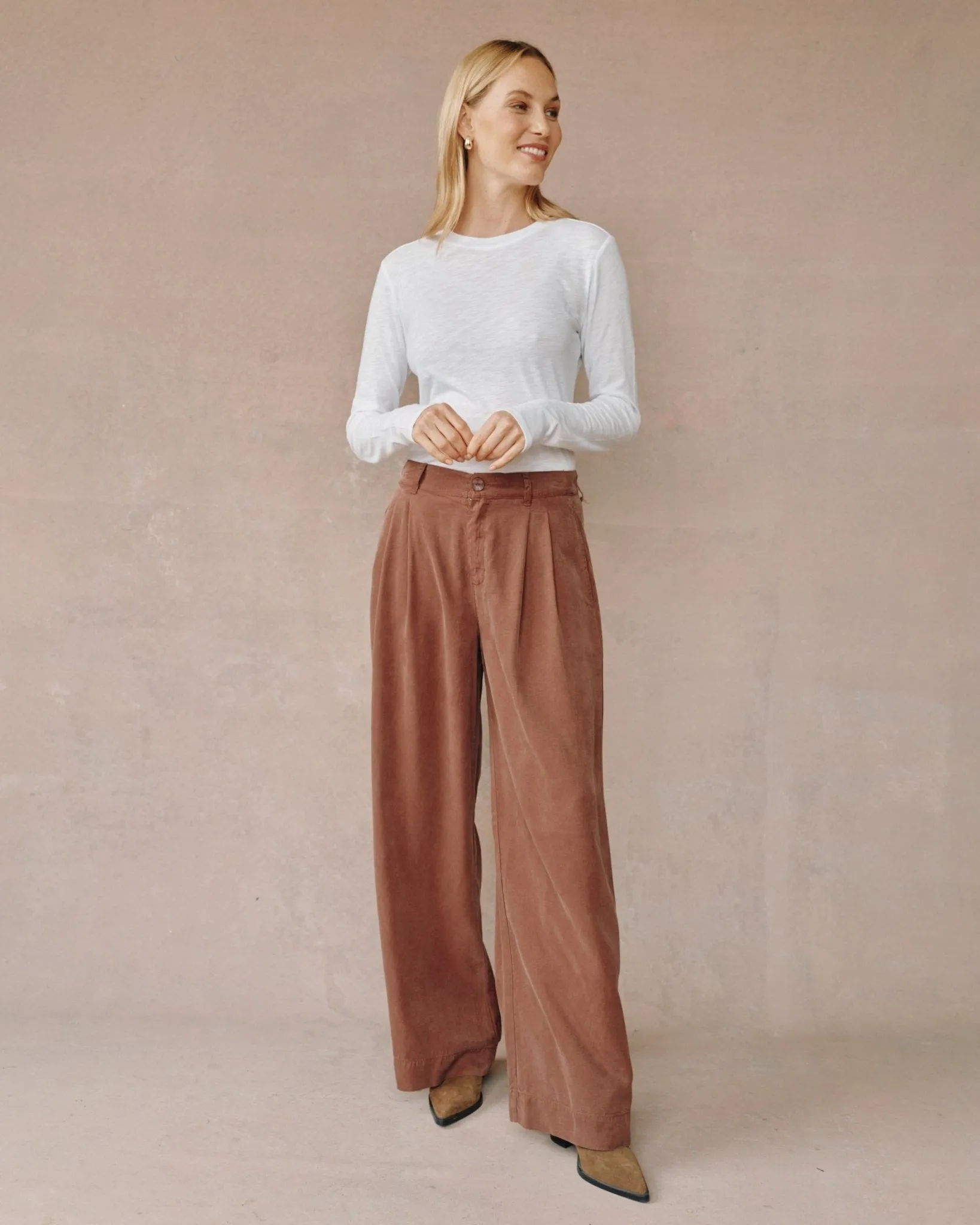 Double Pleated Wide Leg High Waist Pant- Saddle Brown sold by Bella Dahl