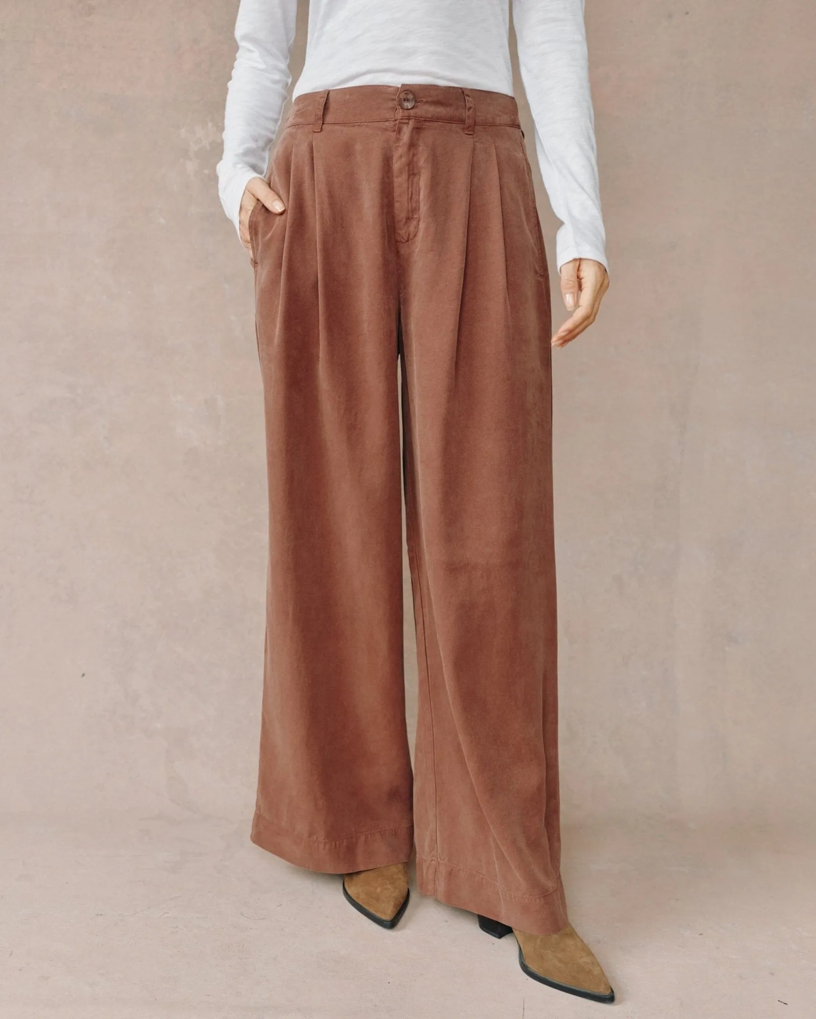 Double Pleated Wide Leg High Waist Pant- Saddle Brown sold by Bella Dahl product image thumbnail 2