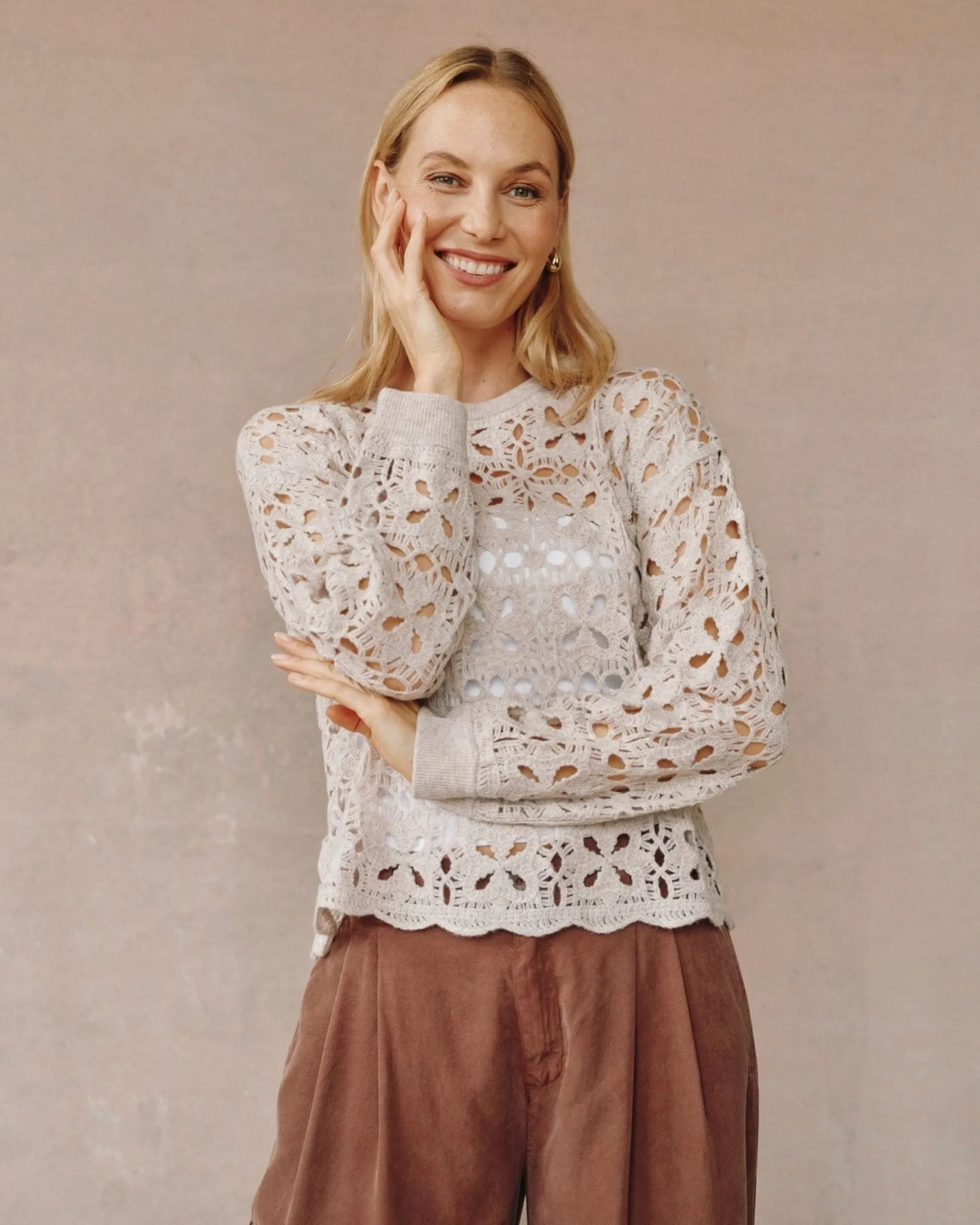 Crochet Crew Neck Sweater- Soft Almond sold by Bella Dahl product image thumbnail 3