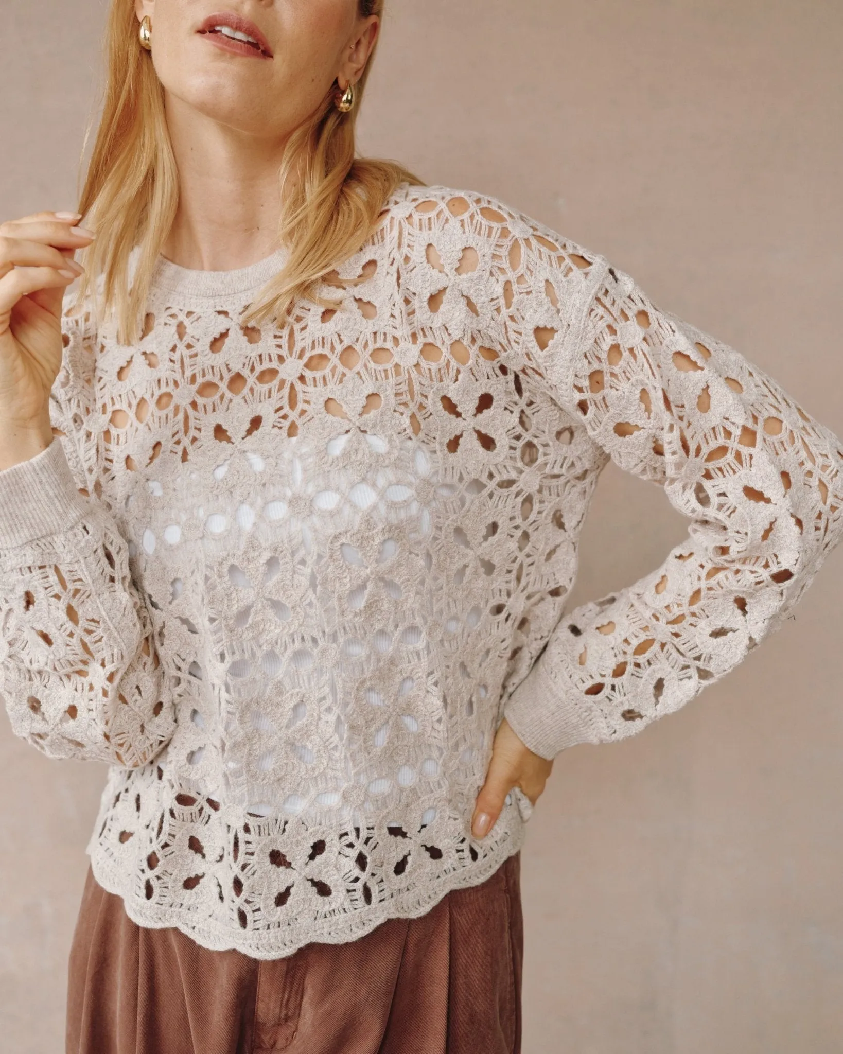 Crochet Crew Neck Sweater- Soft Almond sold by Bella Dahl product image thumbnail 4