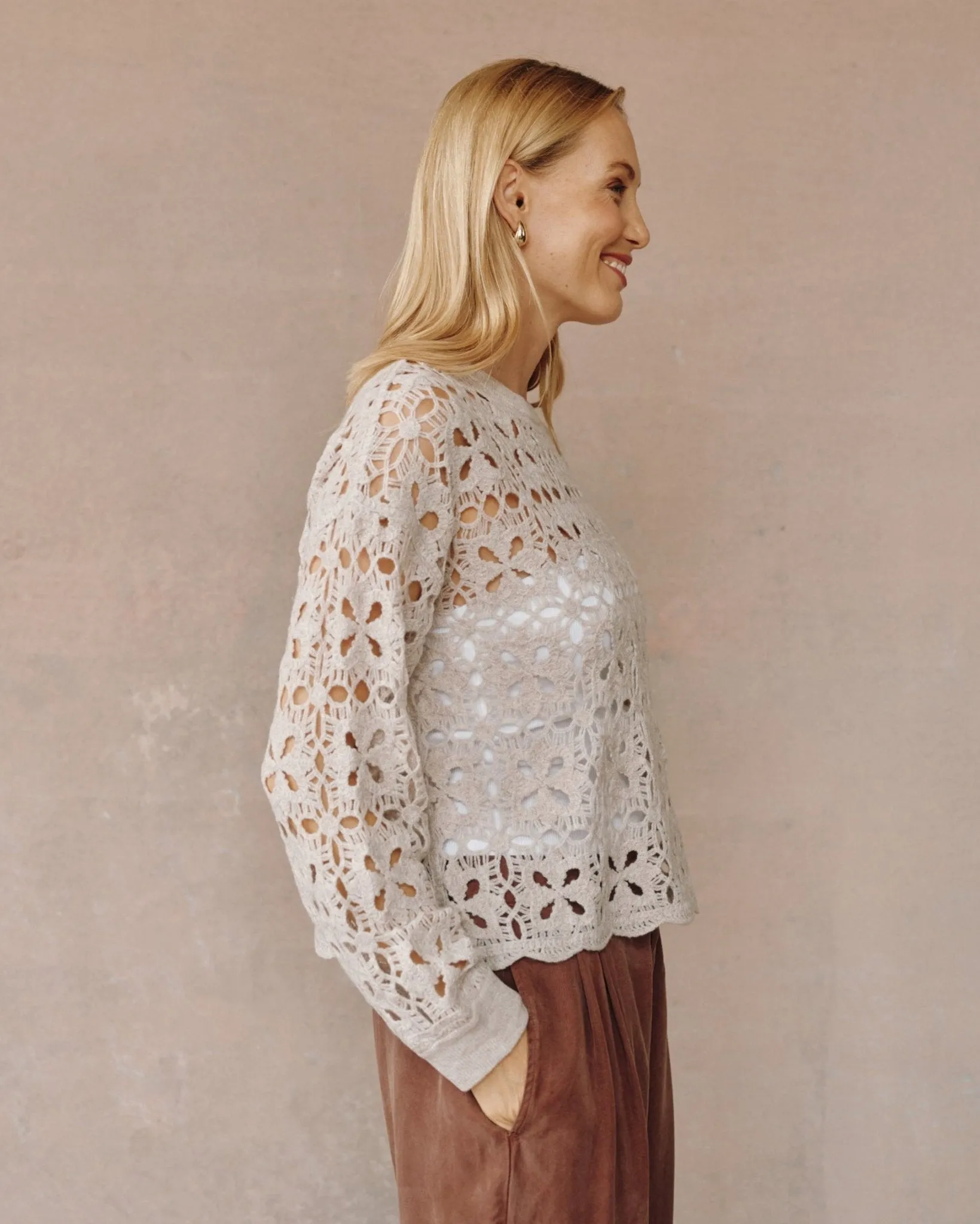 Crochet Crew Neck Sweater- Soft Almond sold by Bella Dahl product image thumbnail 5