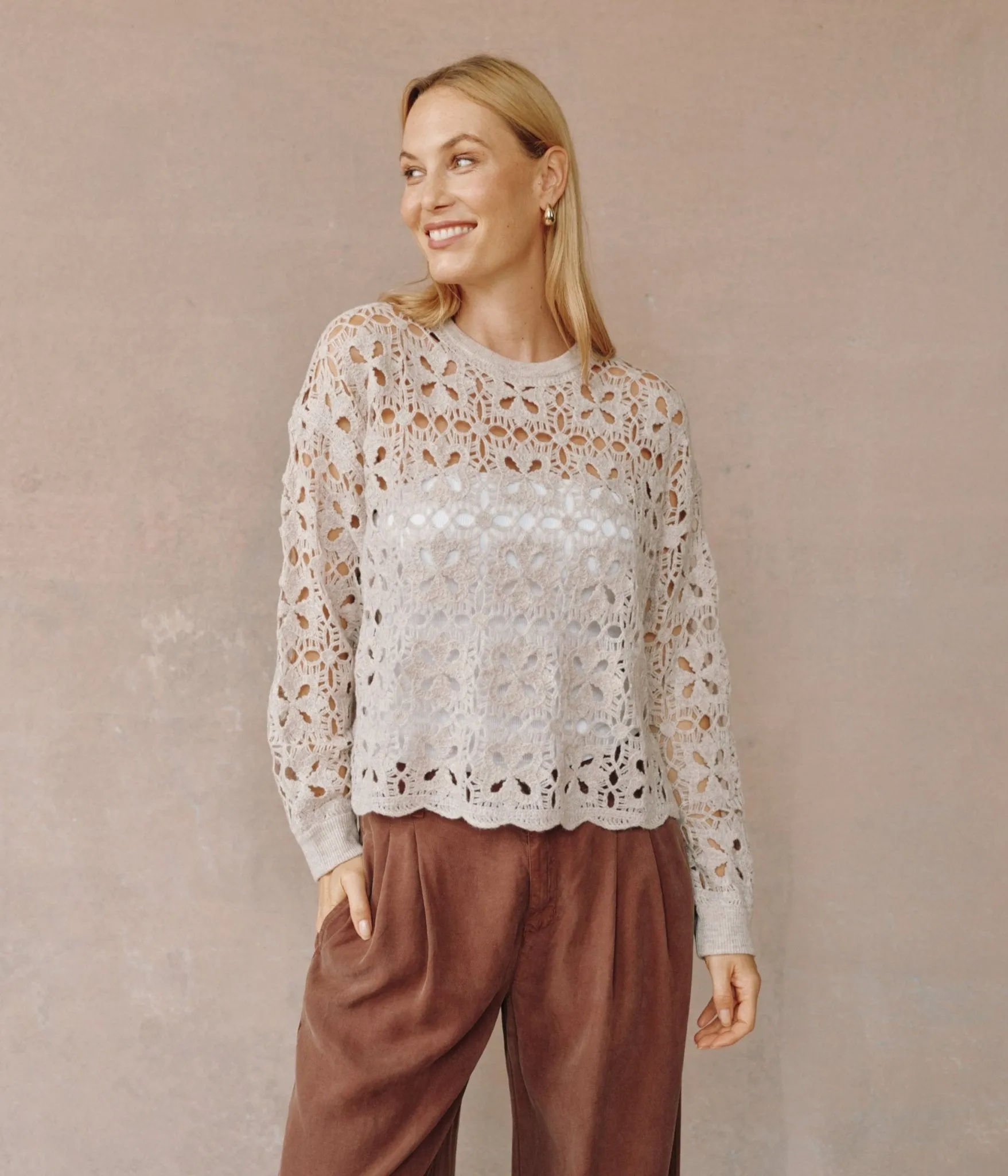 Crochet Crew Neck Sweater- Soft Almond sold by Bella Dahl product image thumbnail 2