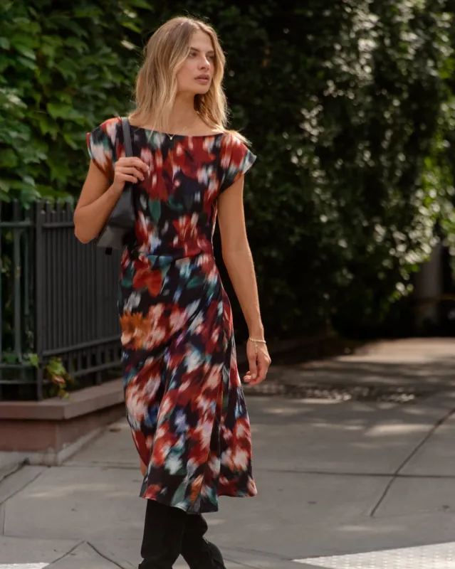 Boat Neck Cap Sleeve Midi Dress - Blurred Floral Print sold by Bella Dahl