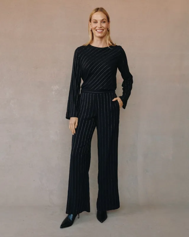 Elastic Back Wide Leg Pant - Black Lurex Stripe sold by Bella Dahl