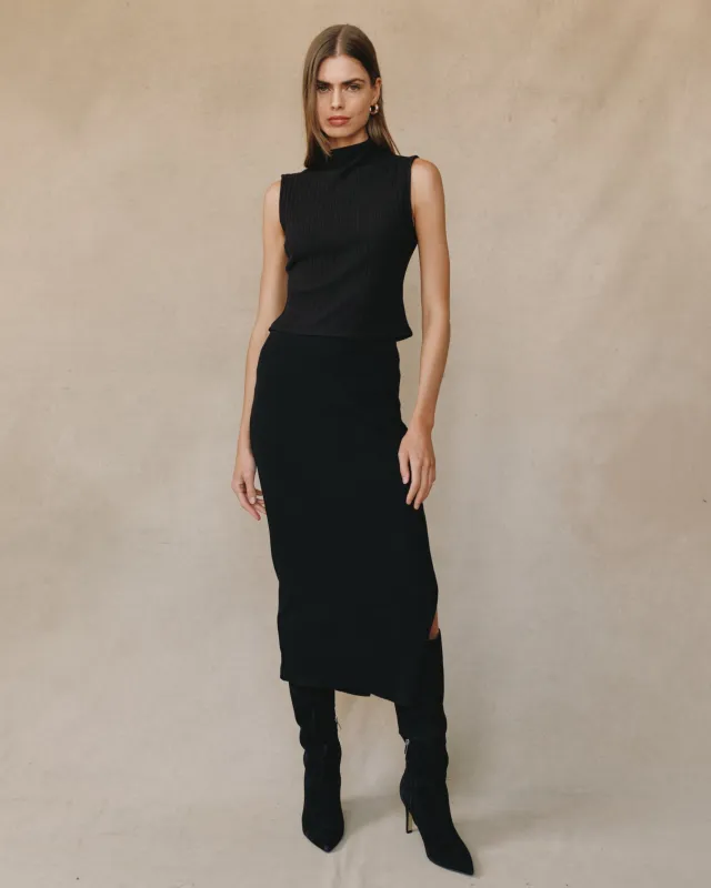 Clean Waist Knit Skirt With Side Slit - Black sold by Bella Dahl