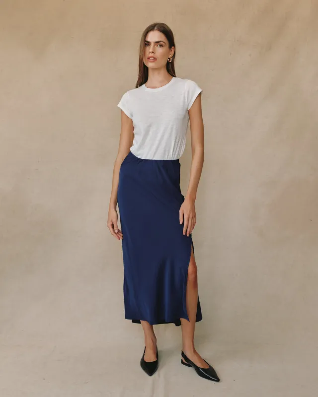 Satin Side Slit Bias Maxi Skirt - Eclipse Blue sold by Bella Dahl