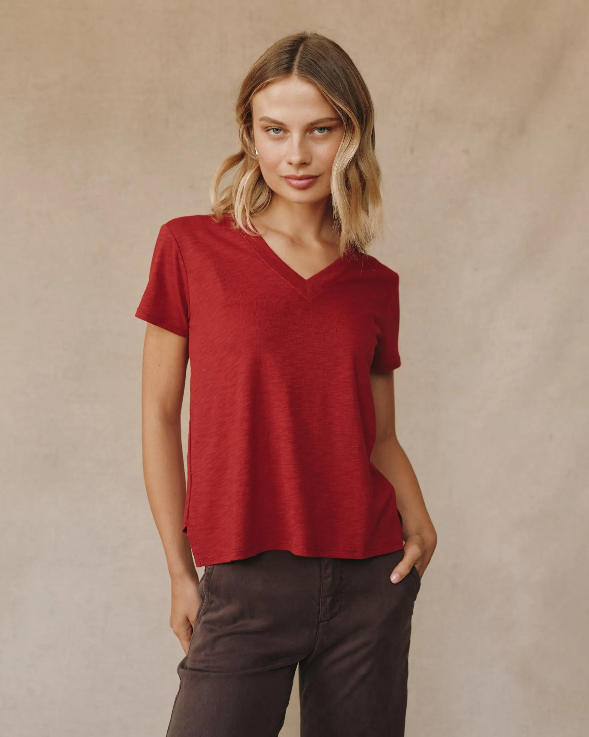 Side Slit V Neck Tee - Ruby Red sold by Bella Dahl product image thumbnail 3
