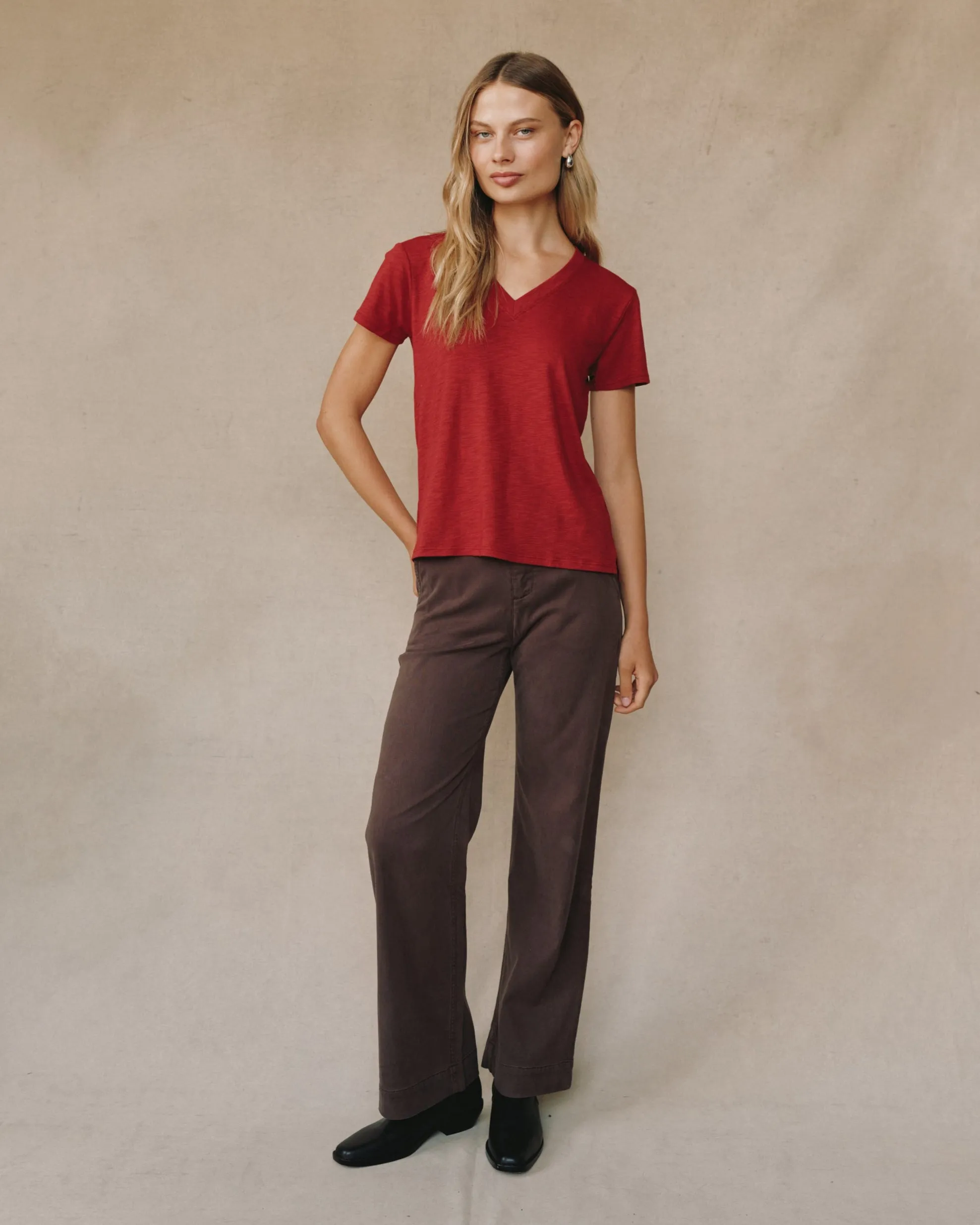 Side Slit V Neck Tee - Ruby Red sold by Bella Dahl