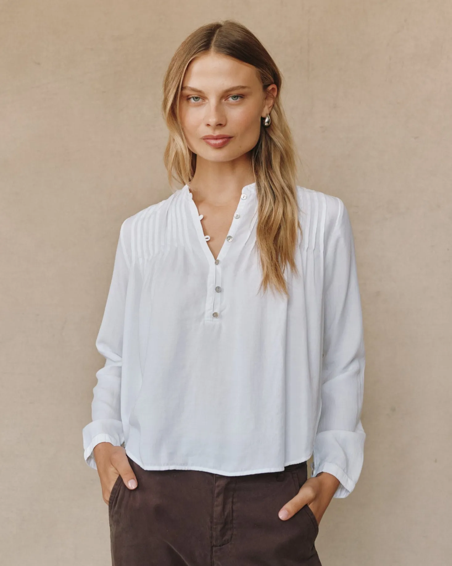 Long Sleeve Pintuck Pullover - White sold by Bella Dahl