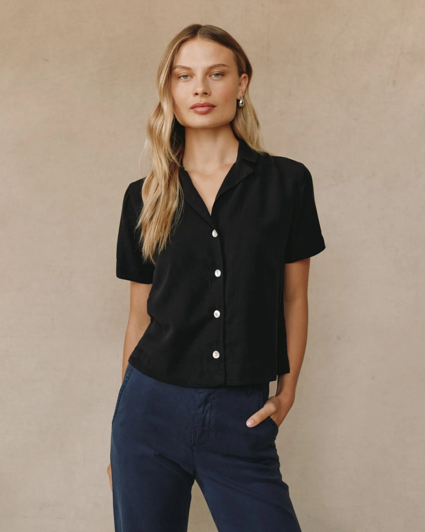 Short Sleeve Flowy Button Down - Black sold by Bella Dahl