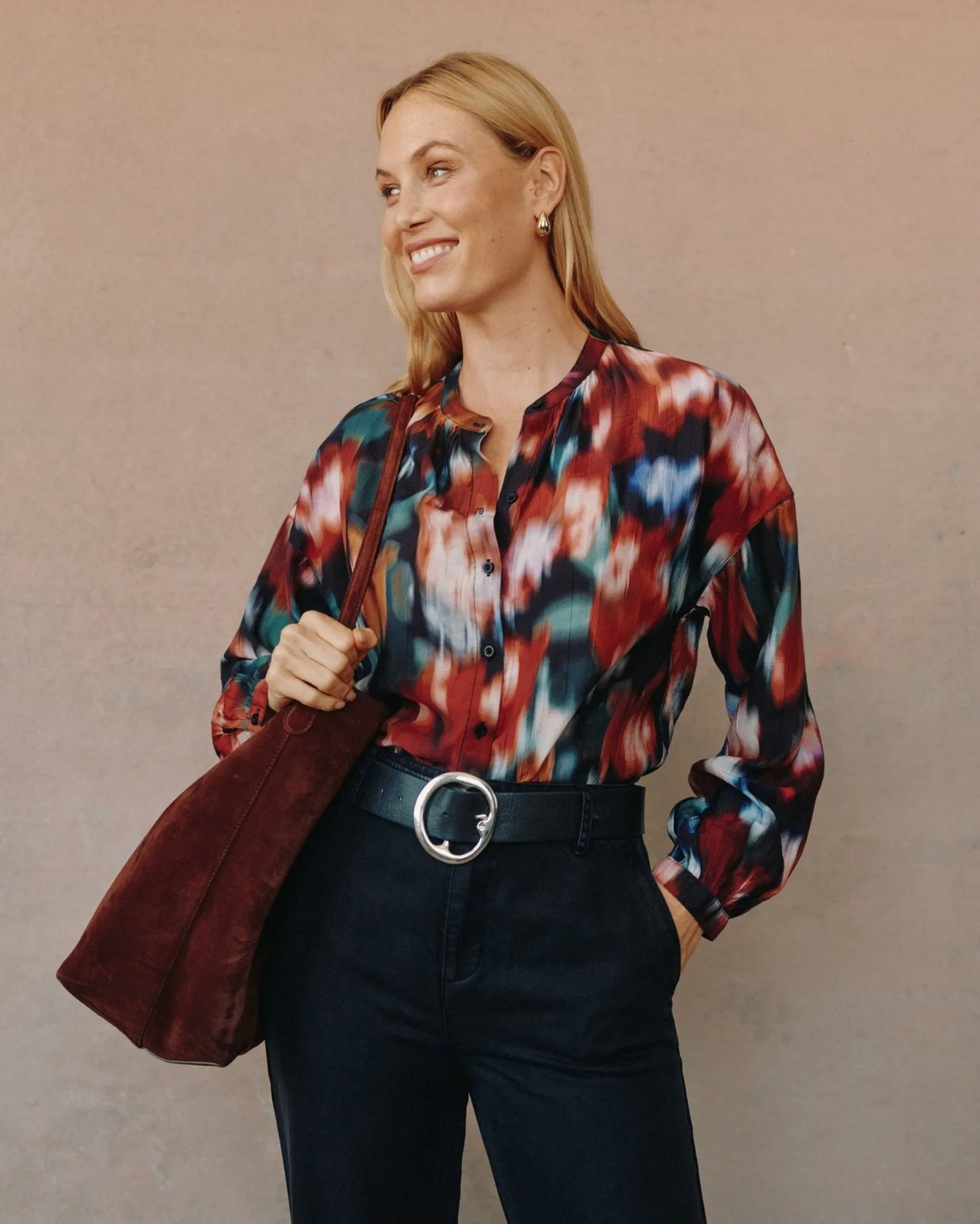 Mandarin Collar Button Down - Blurred Floral Print sold by Bella Dahl