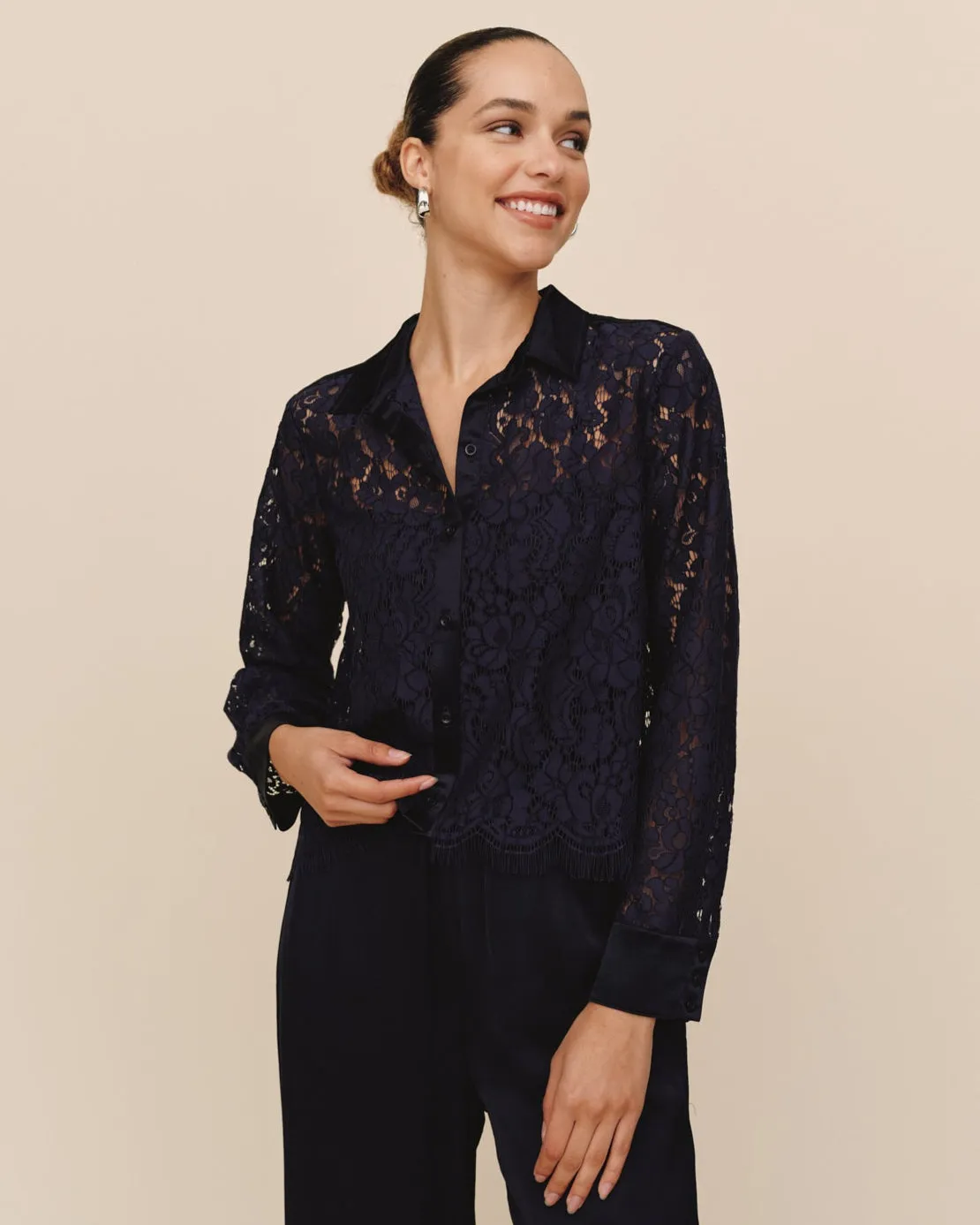 Lace Contrast Button Down - Midnight Sky sold by Bella Dahl