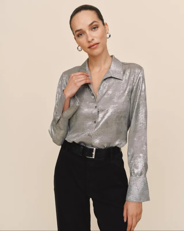 Flowy Wide Collar Button Down - Silver Distress Foil sold by Bella Dahl