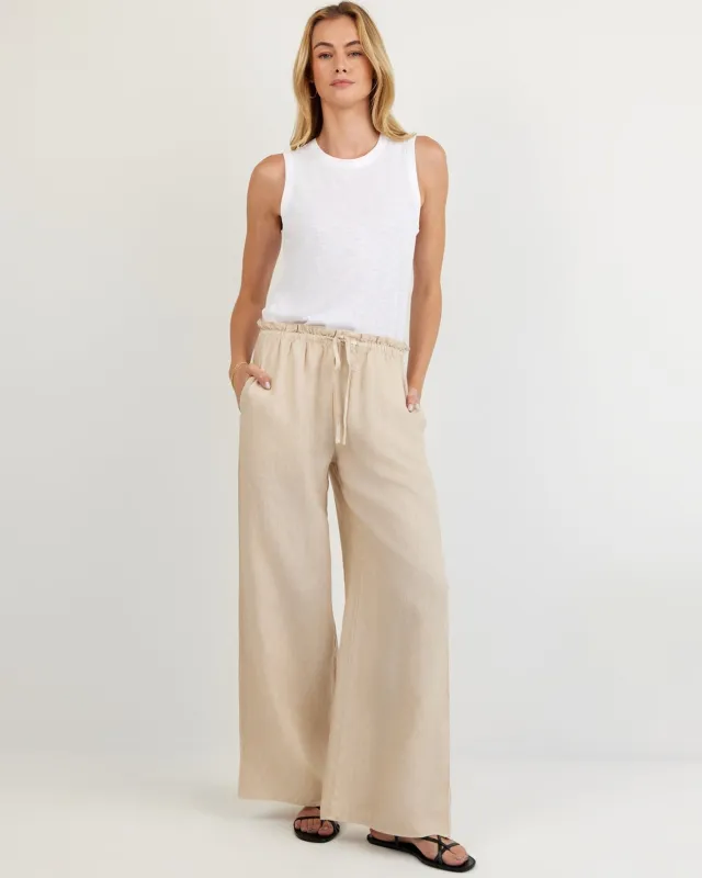 Ruffle Waist Wide Leg Pant - Linen Sand sold by Bella Dahl