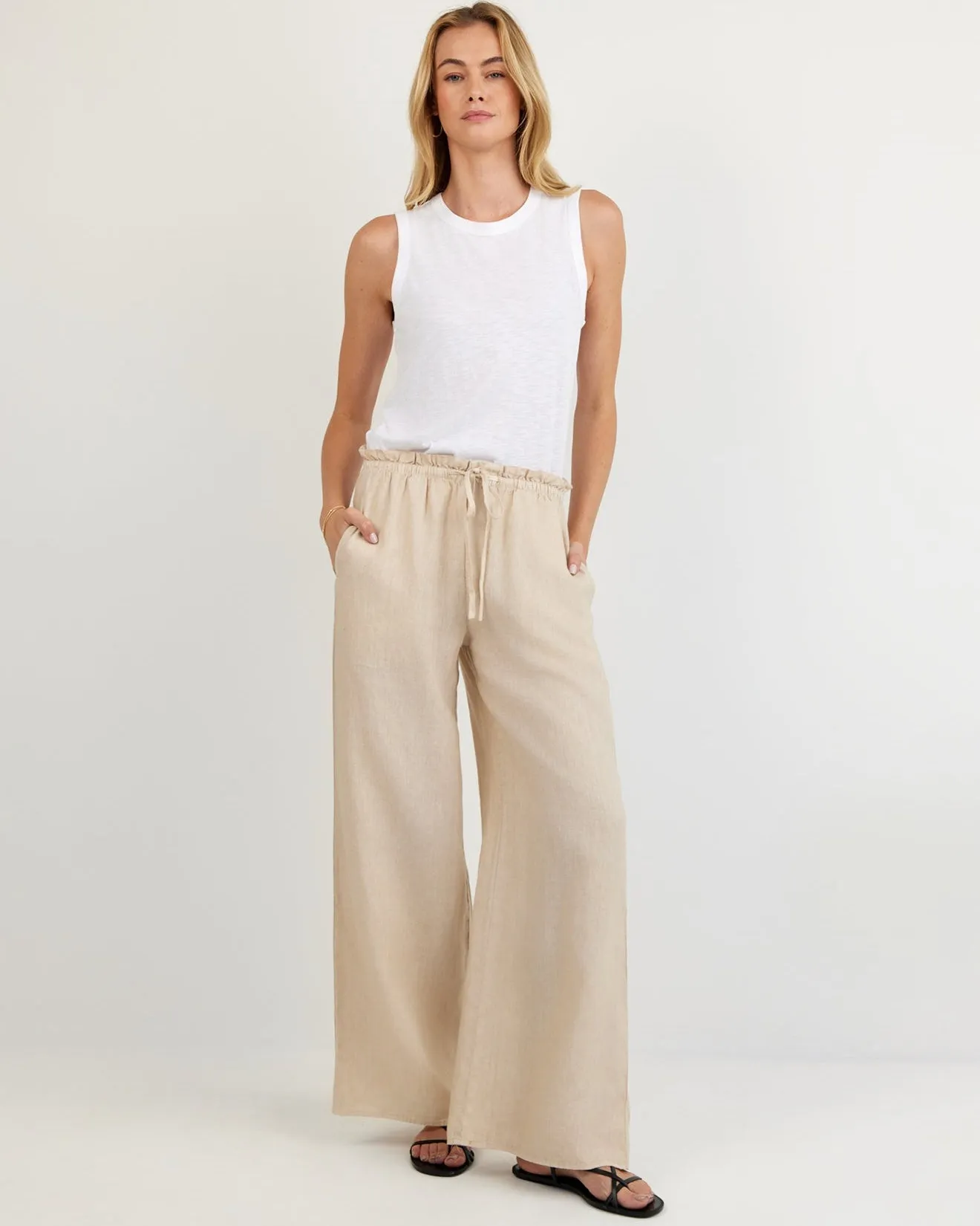 Ruffle Waist Wide Leg Pant - Linen Sand sold by Bella Dahl
