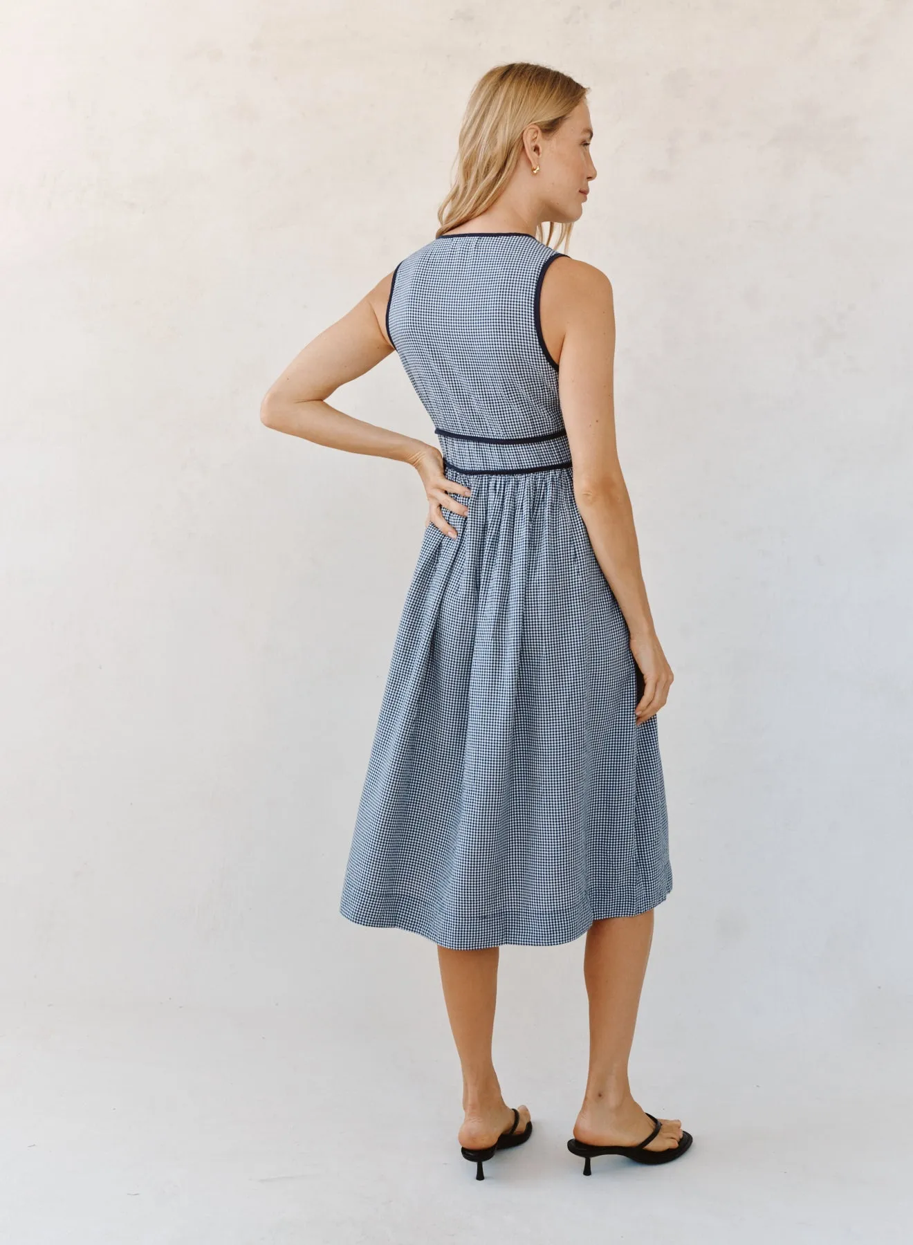Fit & Flare V Neck Midi Dress - Navy Micro Gingham sold by Bella Dahl product image thumbnail 5