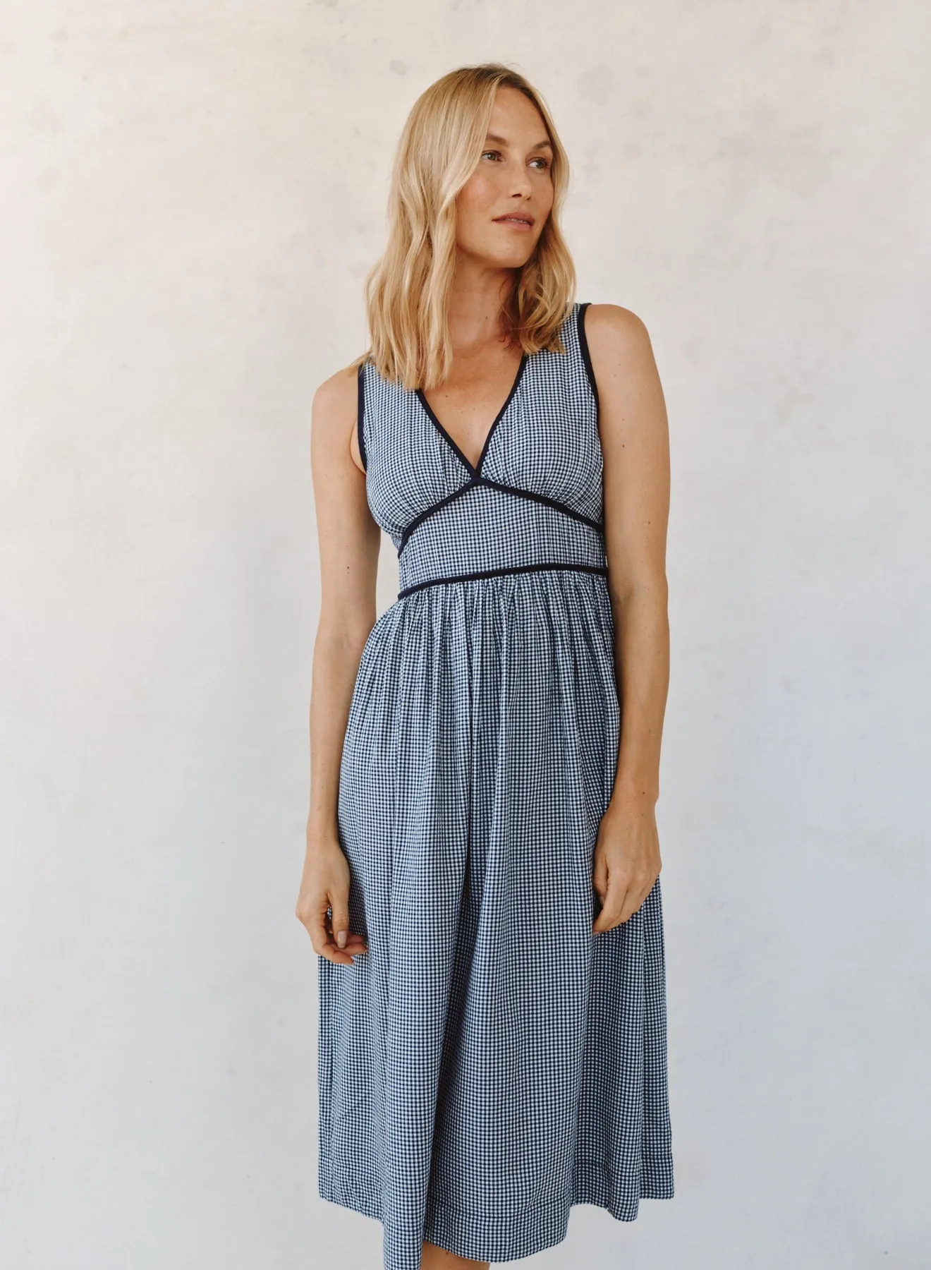 Fit & Flare V Neck Midi Dress - Navy Micro Gingham sold by Bella Dahl product image thumbnail 2