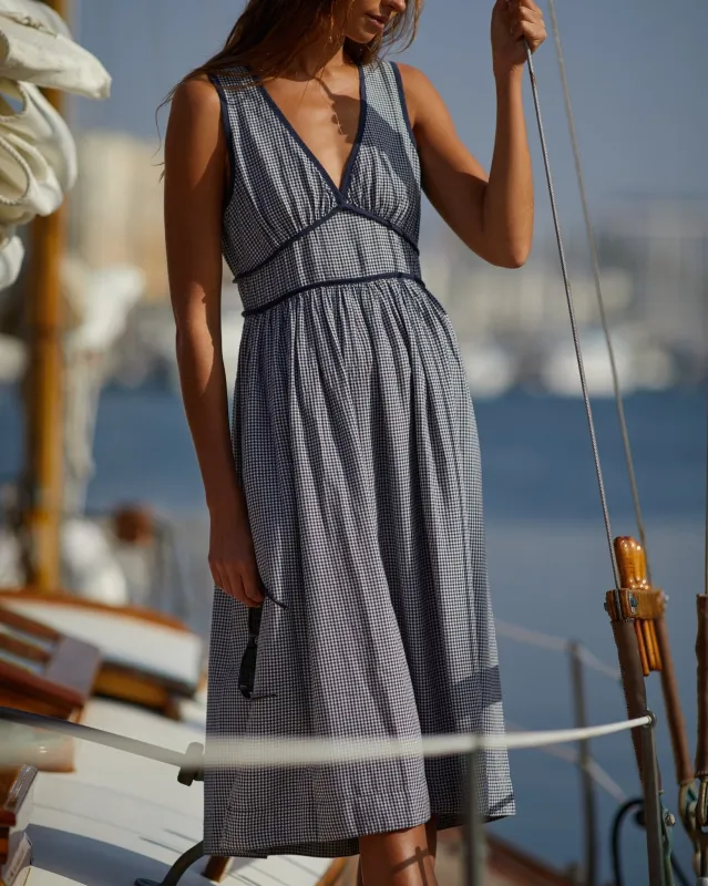 Fit & Flare V Neck Midi Dress - Navy Micro Gingham made by Bella Dahl