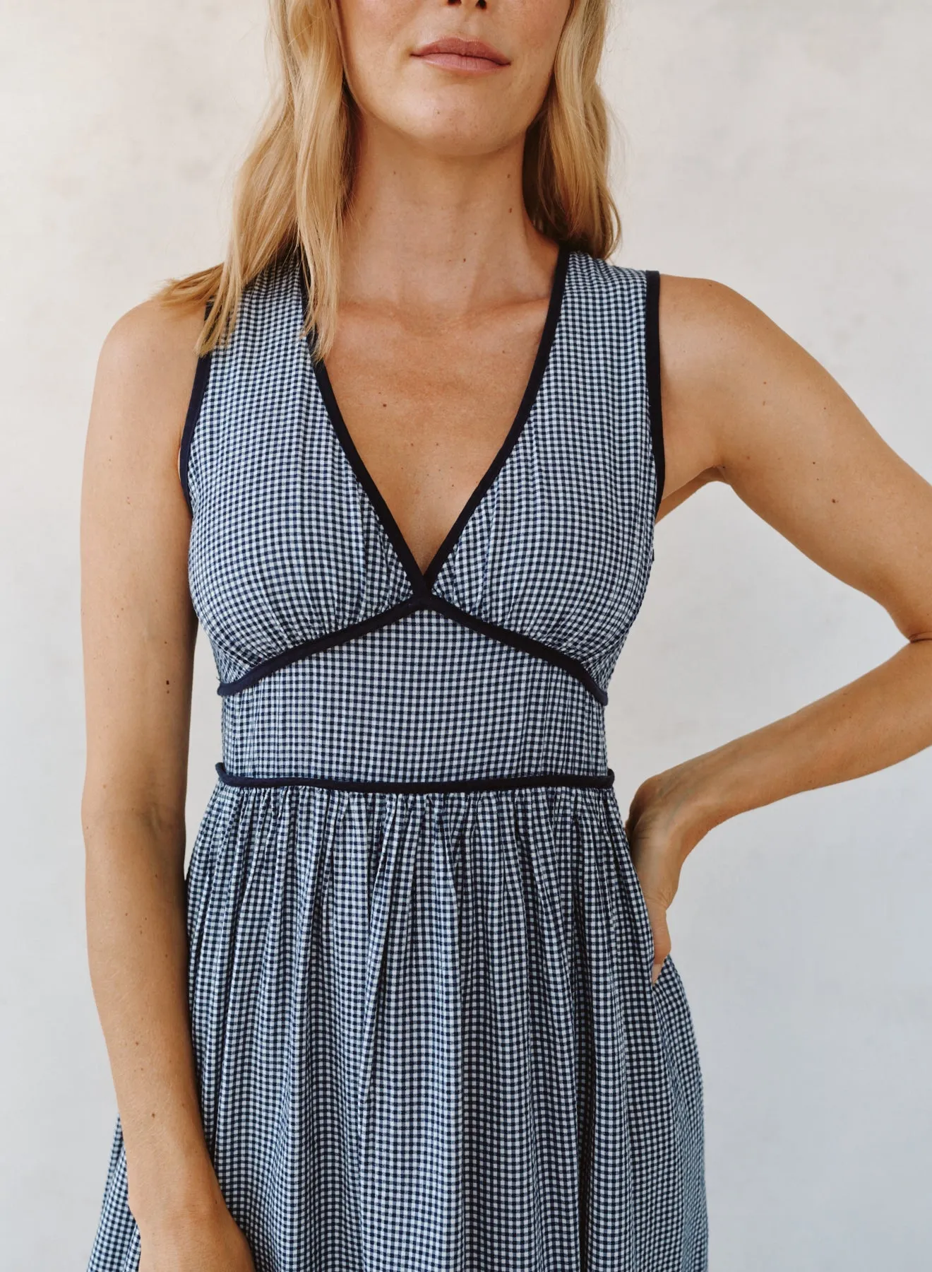 Fit & Flare V Neck Midi Dress - Navy Micro Gingham sold by Bella Dahl product image thumbnail 3