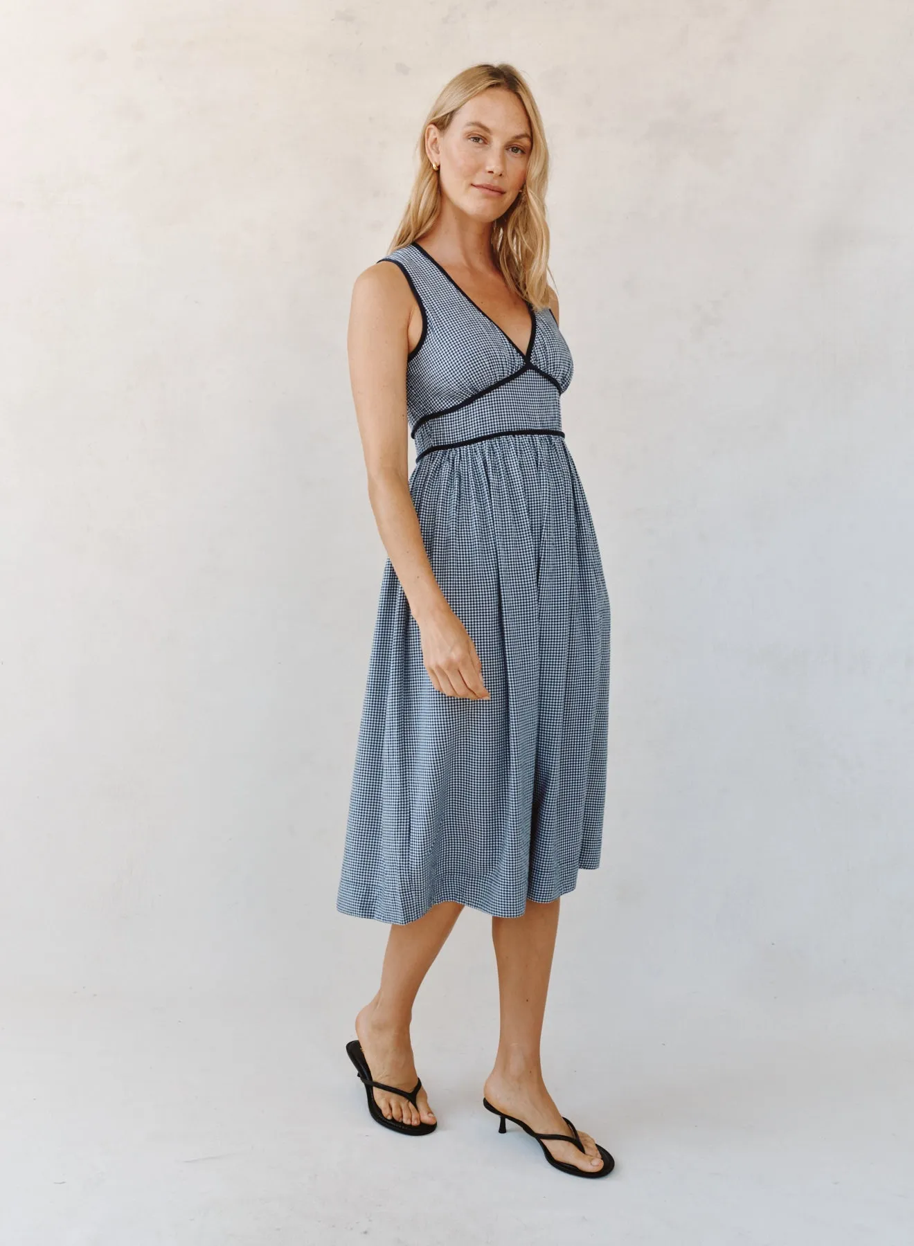 Fit & Flare V Neck Midi Dress - Navy Micro Gingham sold by Bella Dahl product image thumbnail 4