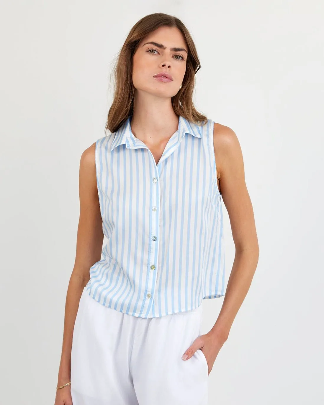 Clean Sleeveless Button Down - Tidal Blue Stripe sold by Bella Dahl