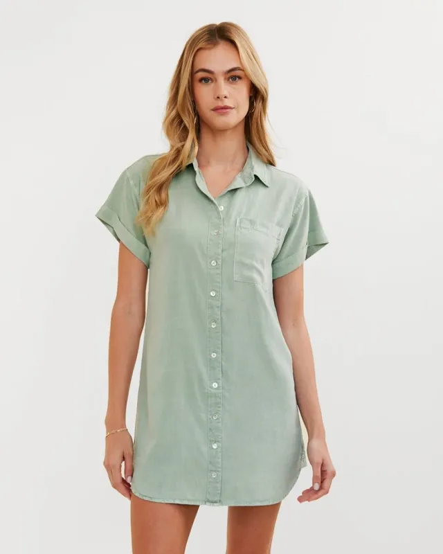 Roll Sleeve Pocket Shirt Dress - Oasis Green made by Bella Dahl