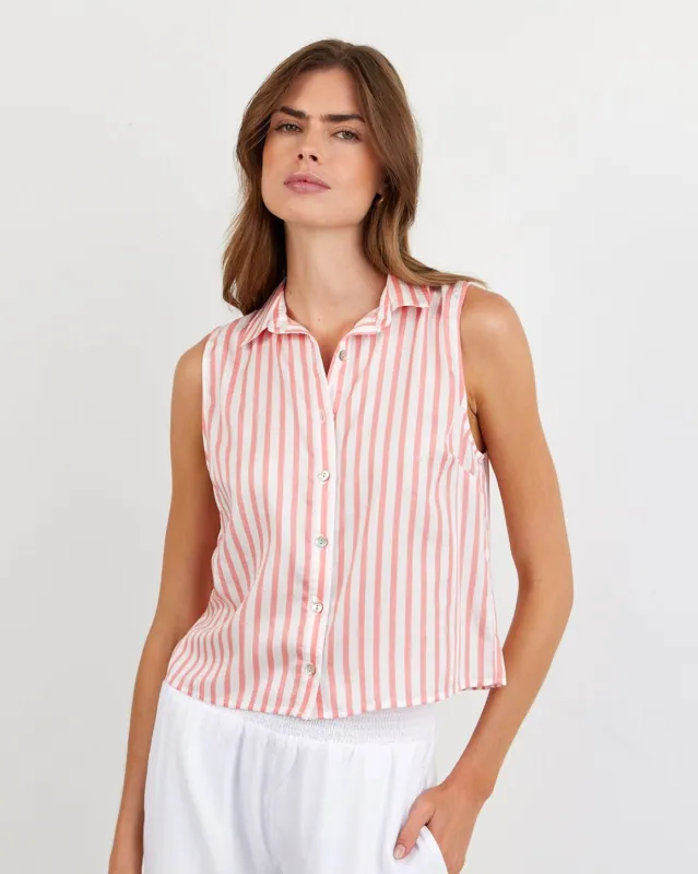 Clean Sleeveless Button Down - Wild Coral Stripe sold by Bella Dahl