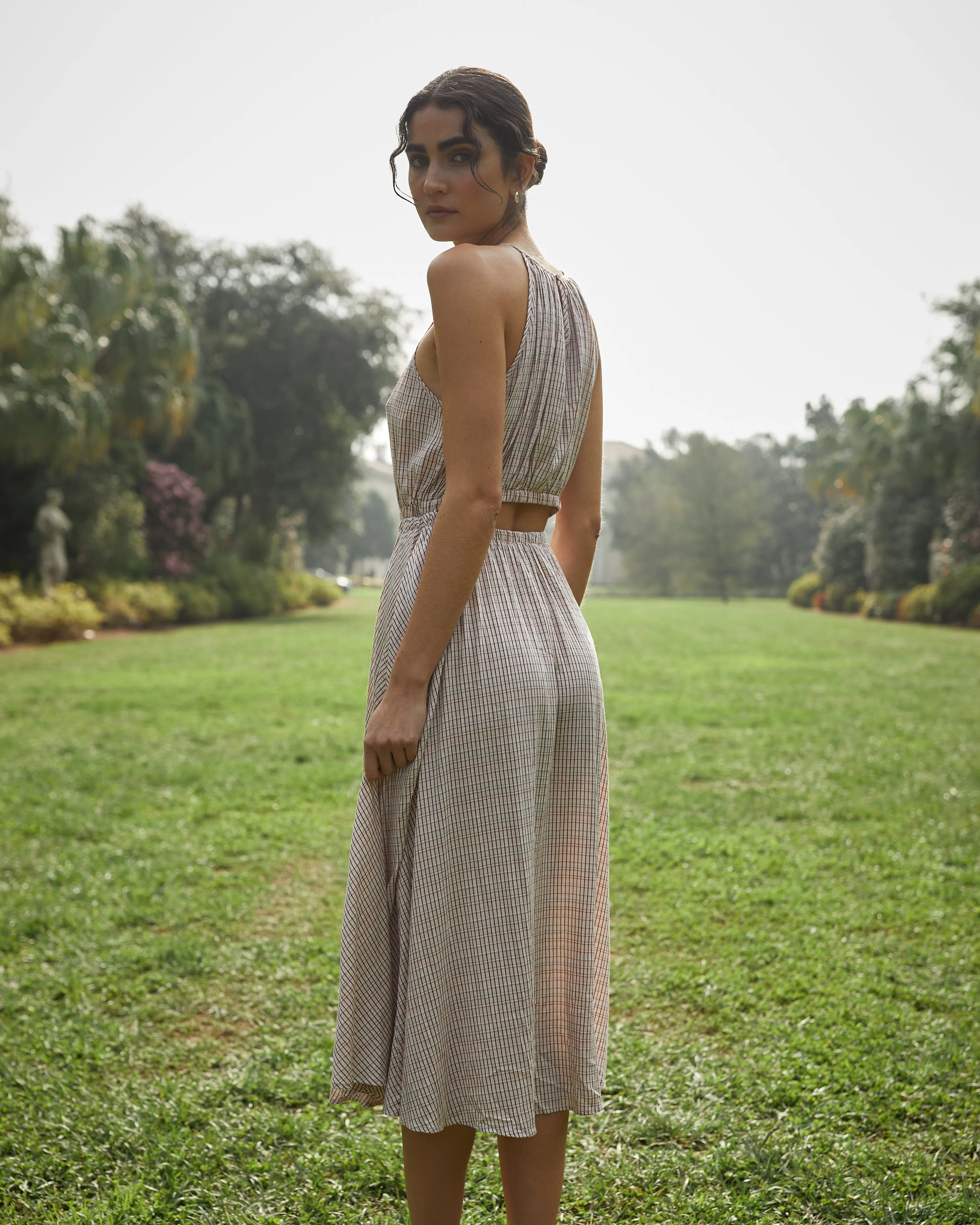 Cut Out Back Midi Halter Dress - Sunwashed Check sold by Bella Dahl