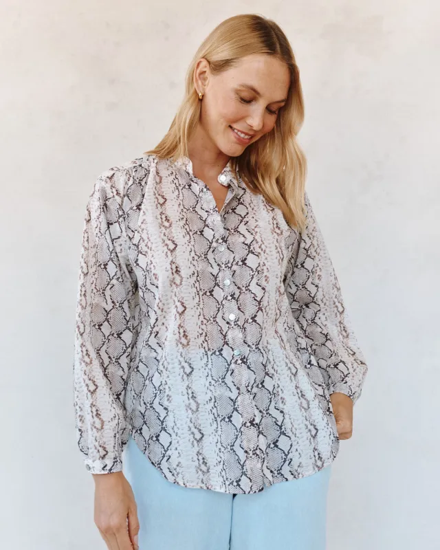 Shirred Mandarin Collar Shirt - Blush Snake Print sold by Bella Dahl