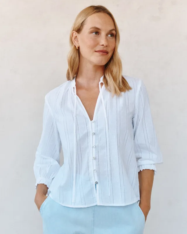 3/4 Sleeve Tie Neck Blouse - White sold by Bella Dahl