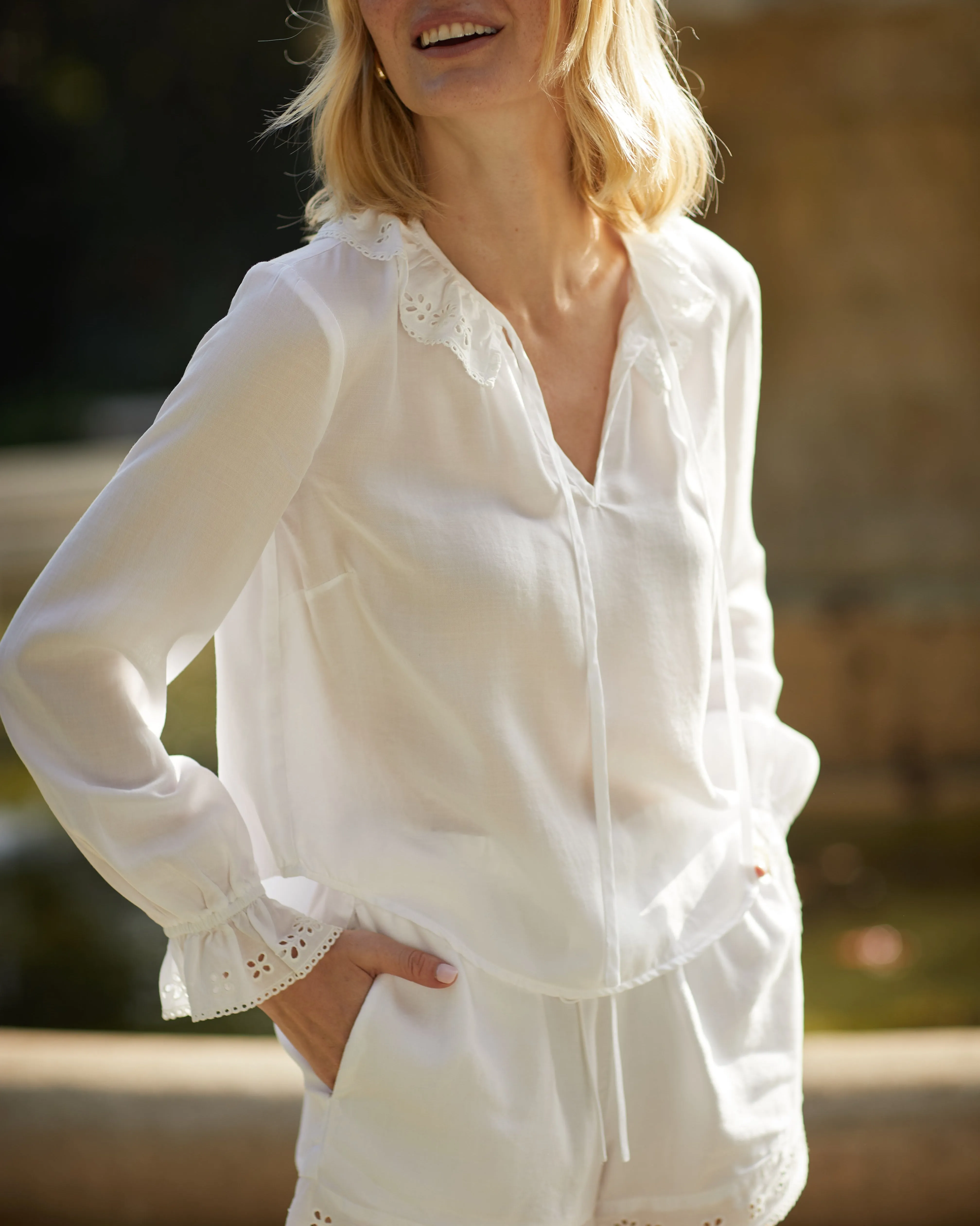 Long Sleeve Tie Neck Ruffle Top - White sold by Bella Dahl