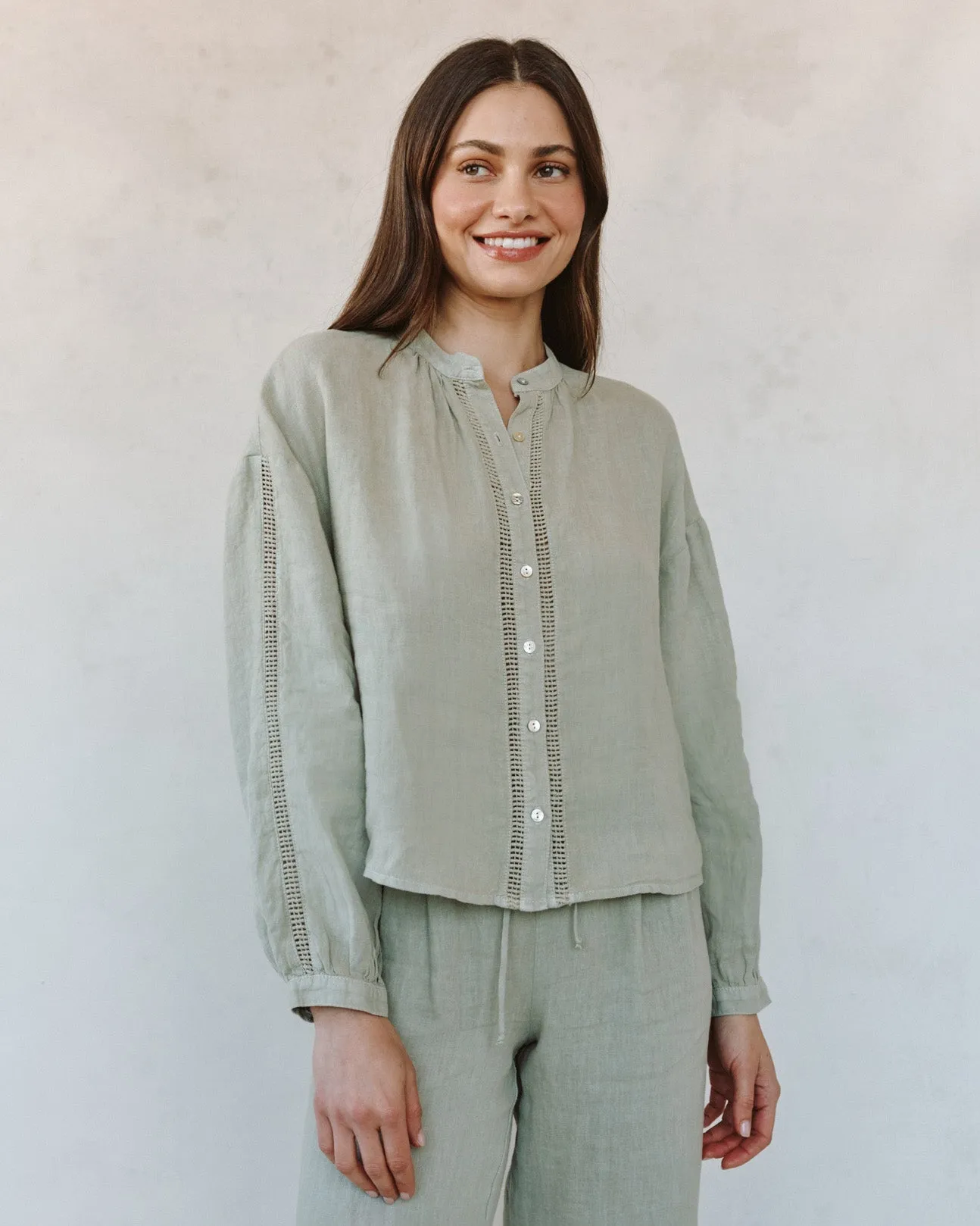 Mandarin Collar Trimmed Button Down - Green Tea sold by Bella Dahl product image thumbnail 4