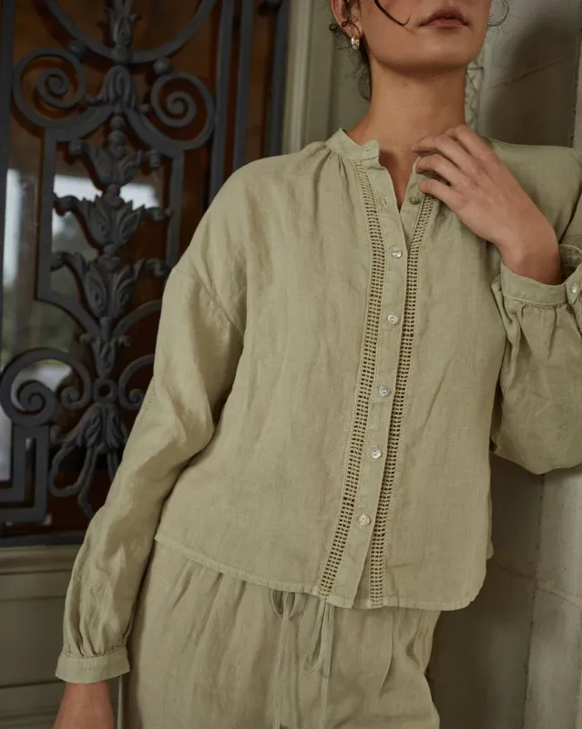 Mandarin Collar Trimmed Button Down - Green Tea sold by Bella Dahl