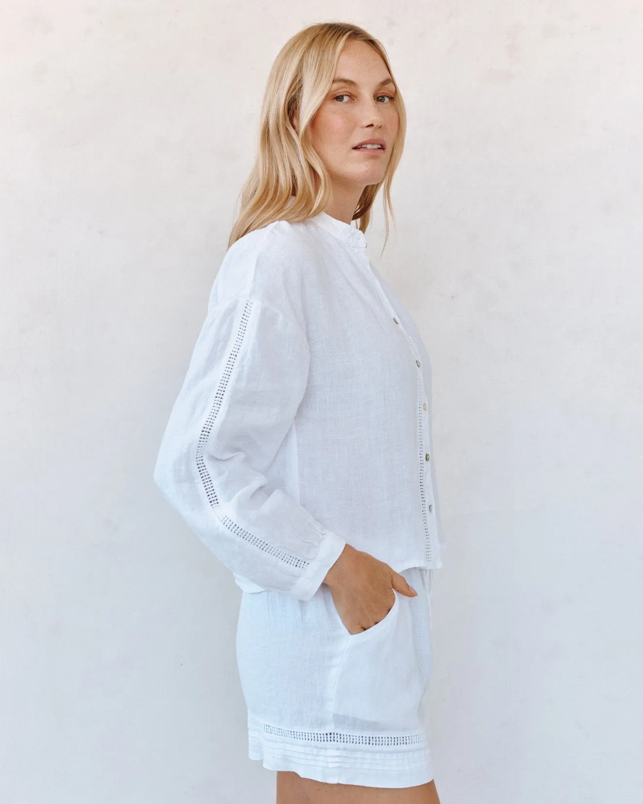 Mandarin Collar Trimmed Button Down - White sold by Bella Dahl product image thumbnail 4