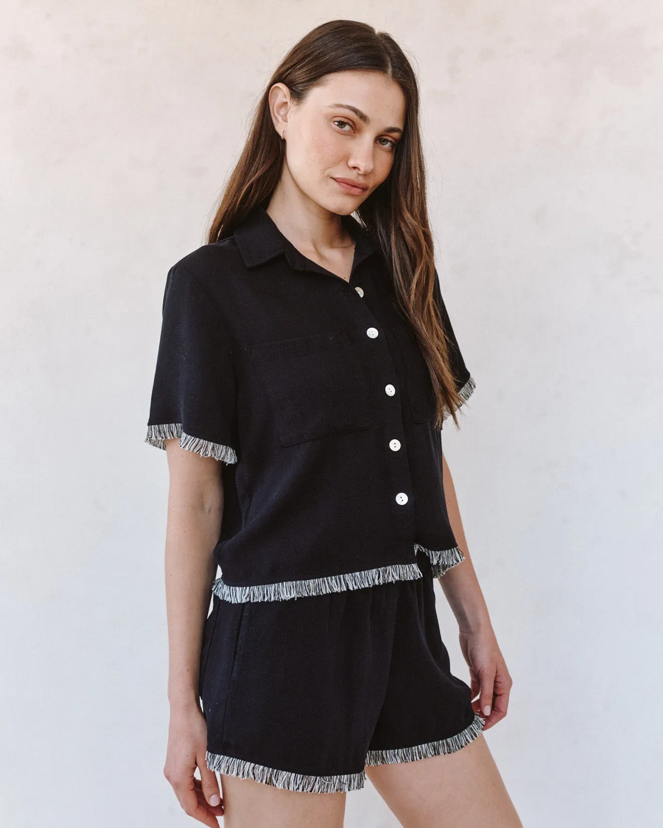 Short Sleeve Fray Trim Shirt - Black sold by Bella Dahl product image thumbnail 3
