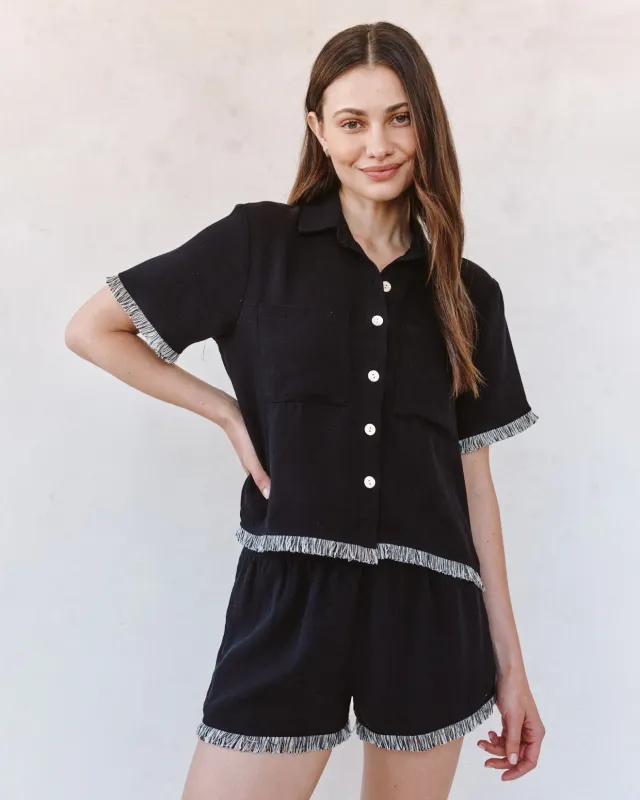 Short Sleeve Fray Trim Shirt - Black made by Bella Dahl