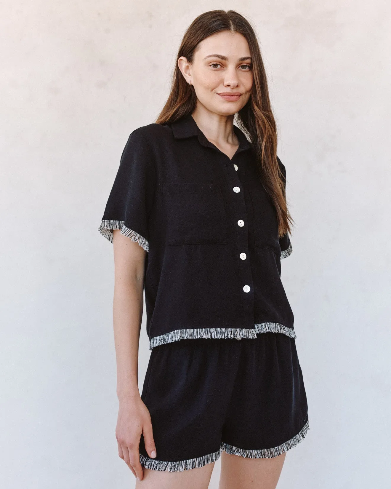 Short Sleeve Fray Trim Shirt - Black sold by Bella Dahl product image thumbnail 2